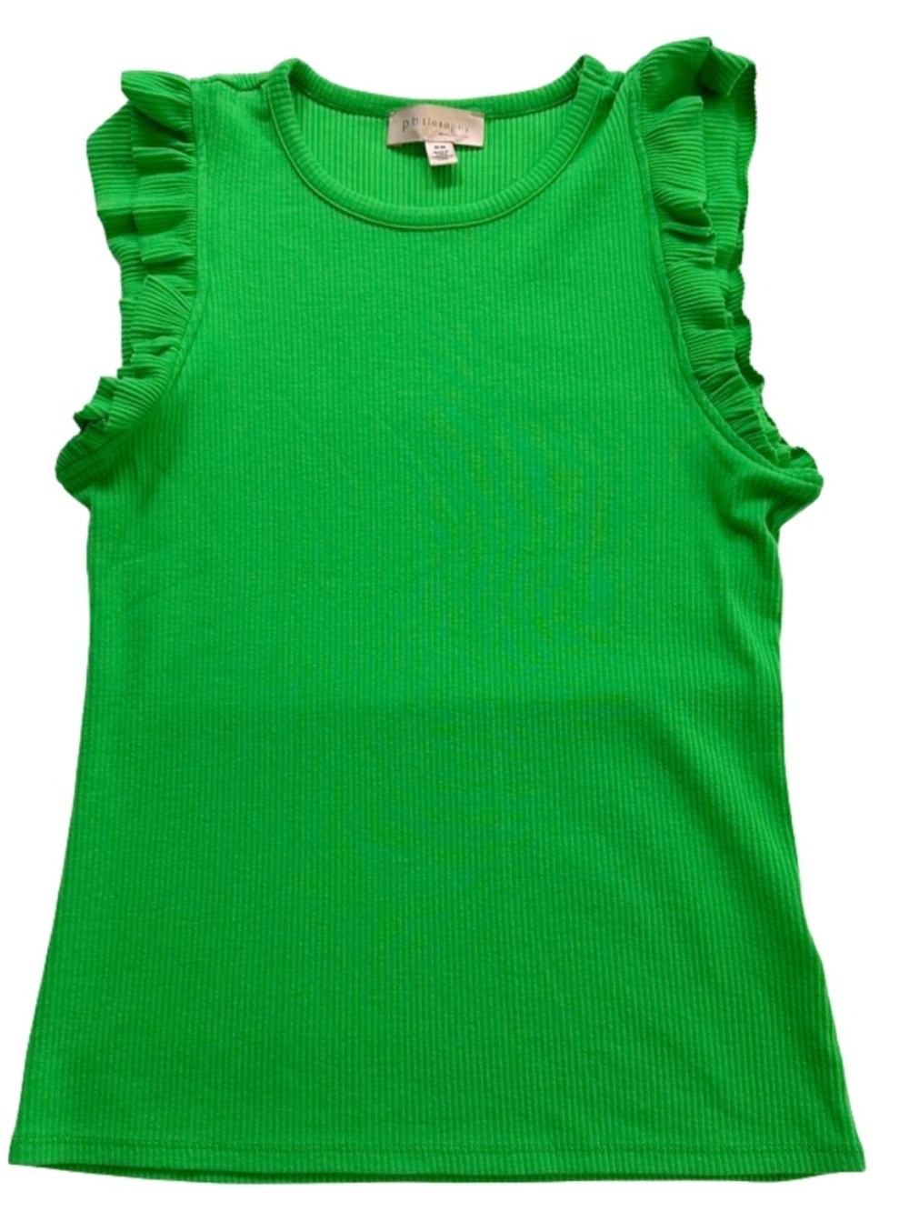 Philosophy Green Ribbed Ruffle Sleeve Tank Top Size Medium Soft Stretch